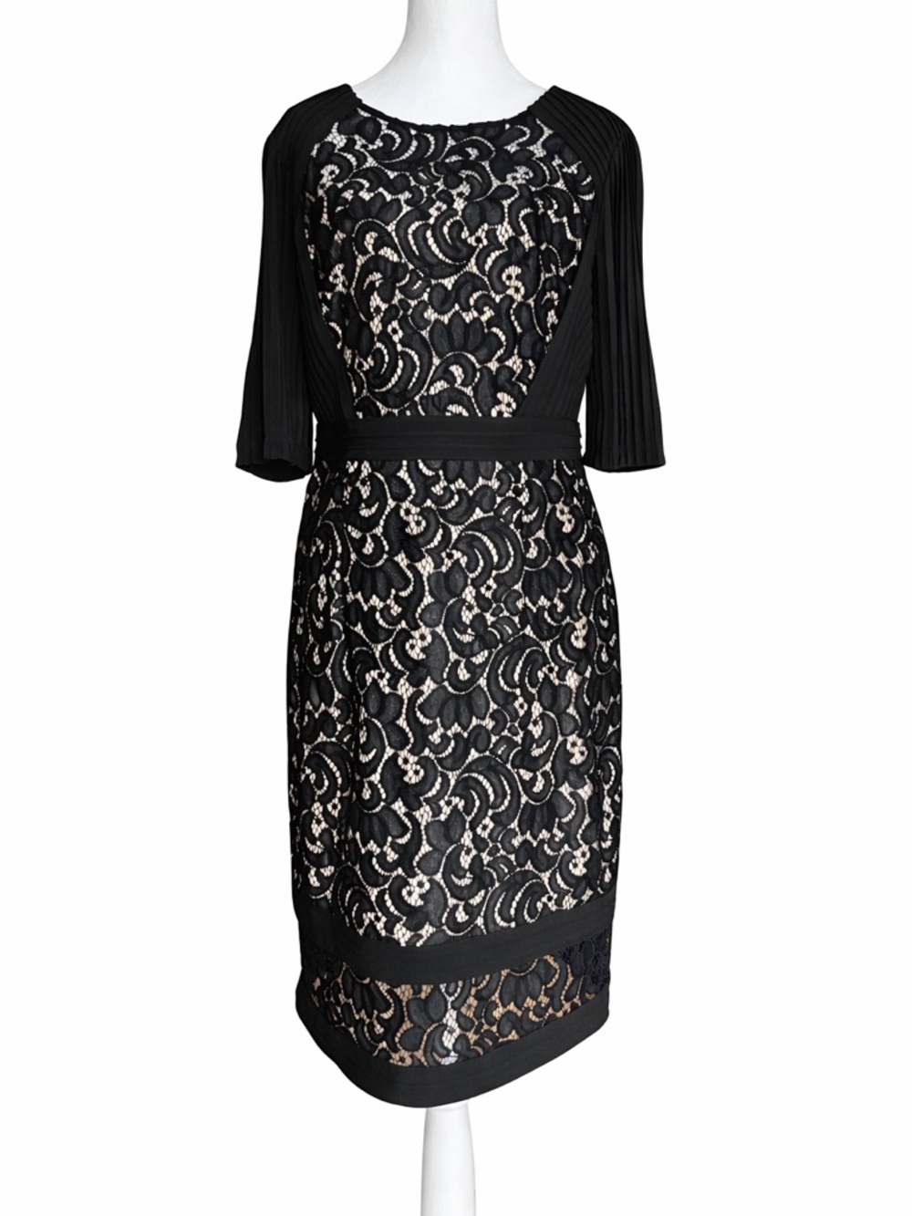 Adrianna Papell Black Lace Inset Banded Sheath Dress Size 8 Pleated Sleeve Party